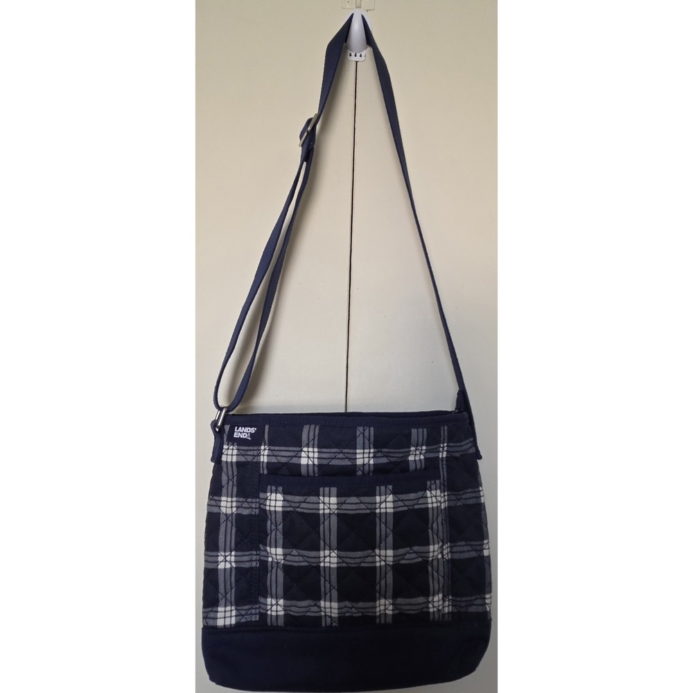 LAND'S END  Navy/White Plaid Quilted Crossbody Adjustable Strap ~ EUC ~
